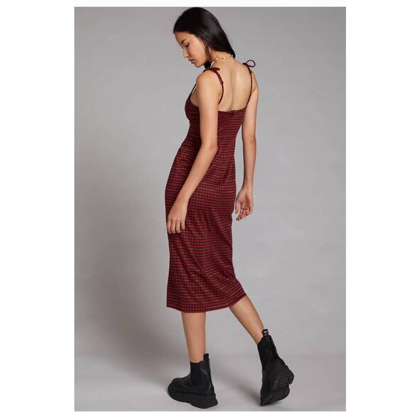 New Anthropologie by Hutch Plaid Midi Dress $198 MEDIUM Red Side Slit Zip Back - Picture 3 of 3